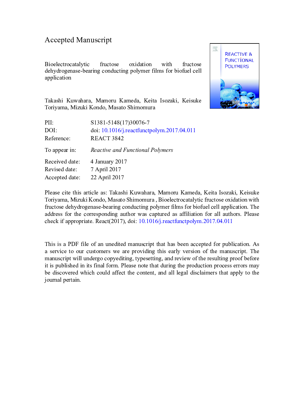 Bioelectrocatalytic fructose oxidation with fructose dehydrogenase-bearing conducting polymer films for biofuel cell application