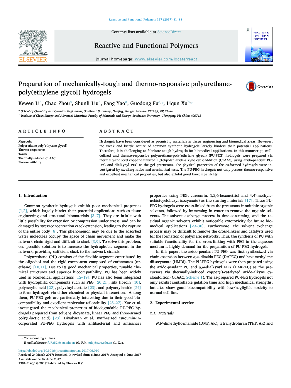 Preparation of mechanically-tough and thermo-responsive polyurethane-poly(ethylene glycol) hydrogels