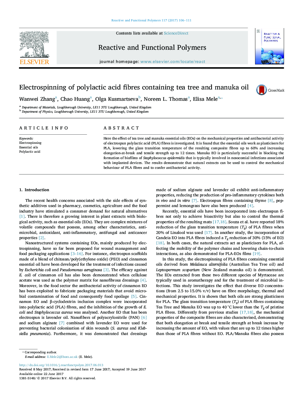 Electrospinning of polylactic acid fibres containing tea tree and manuka oil