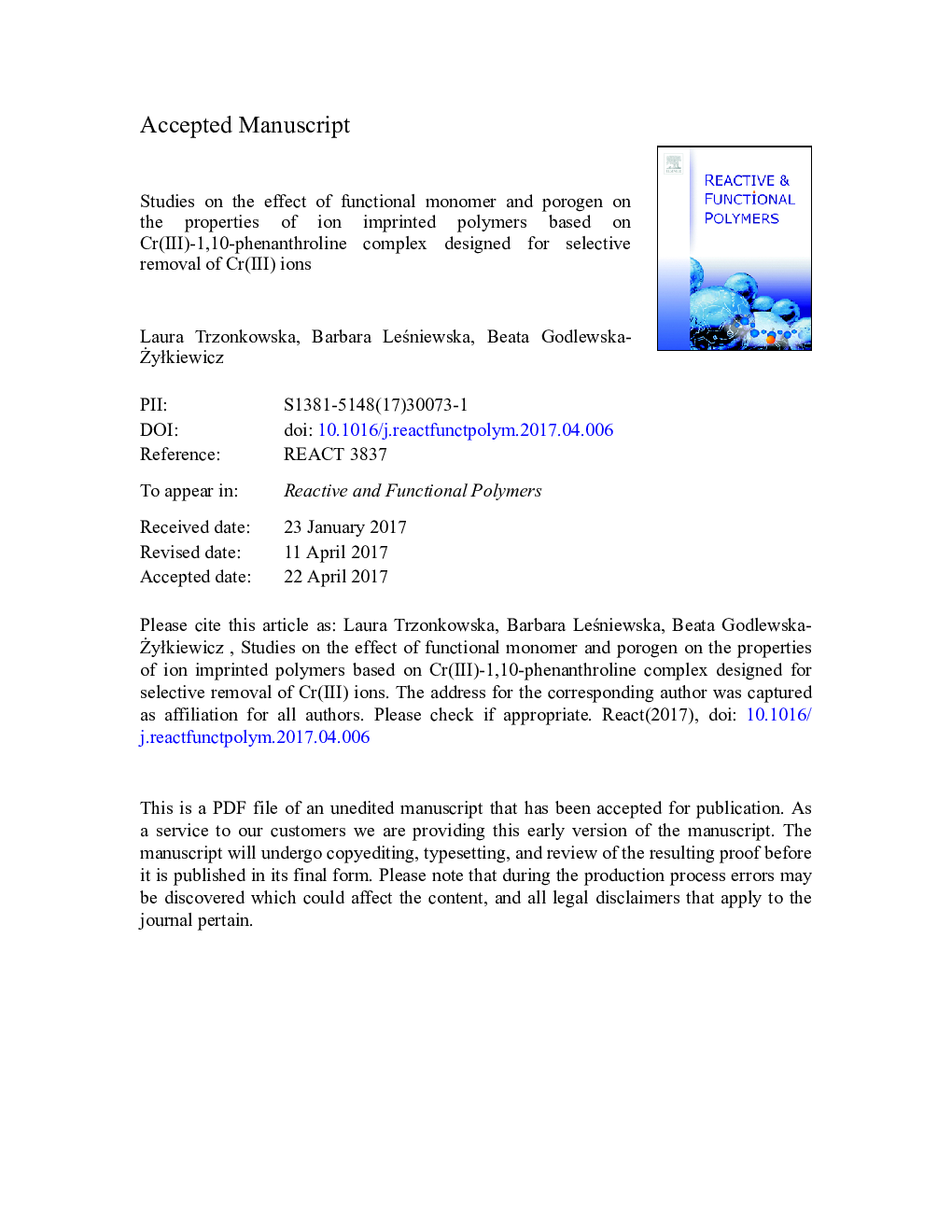 Studies on the effect of functional monomer and porogen on the properties of ion imprinted polymers based on Cr(III)-1,10-phenanthroline complex designed for selective removal of Cr(III) ions