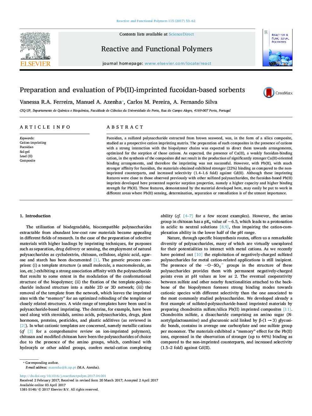 Preparation and evaluation of Pb(II)-imprinted fucoidan-based sorbents