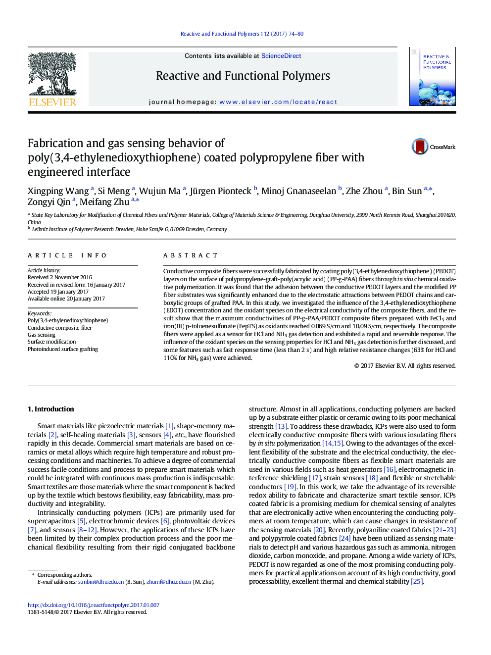 Fabrication and gas sensing behavior of poly(3,4-ethylenedioxythiophene) coated polypropylene fiber with engineered interface