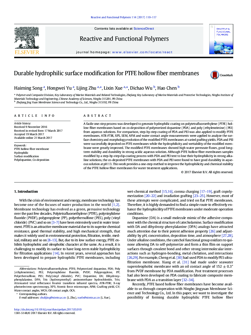 Durable hydrophilic surface modification for PTFE hollow fiber membranes
