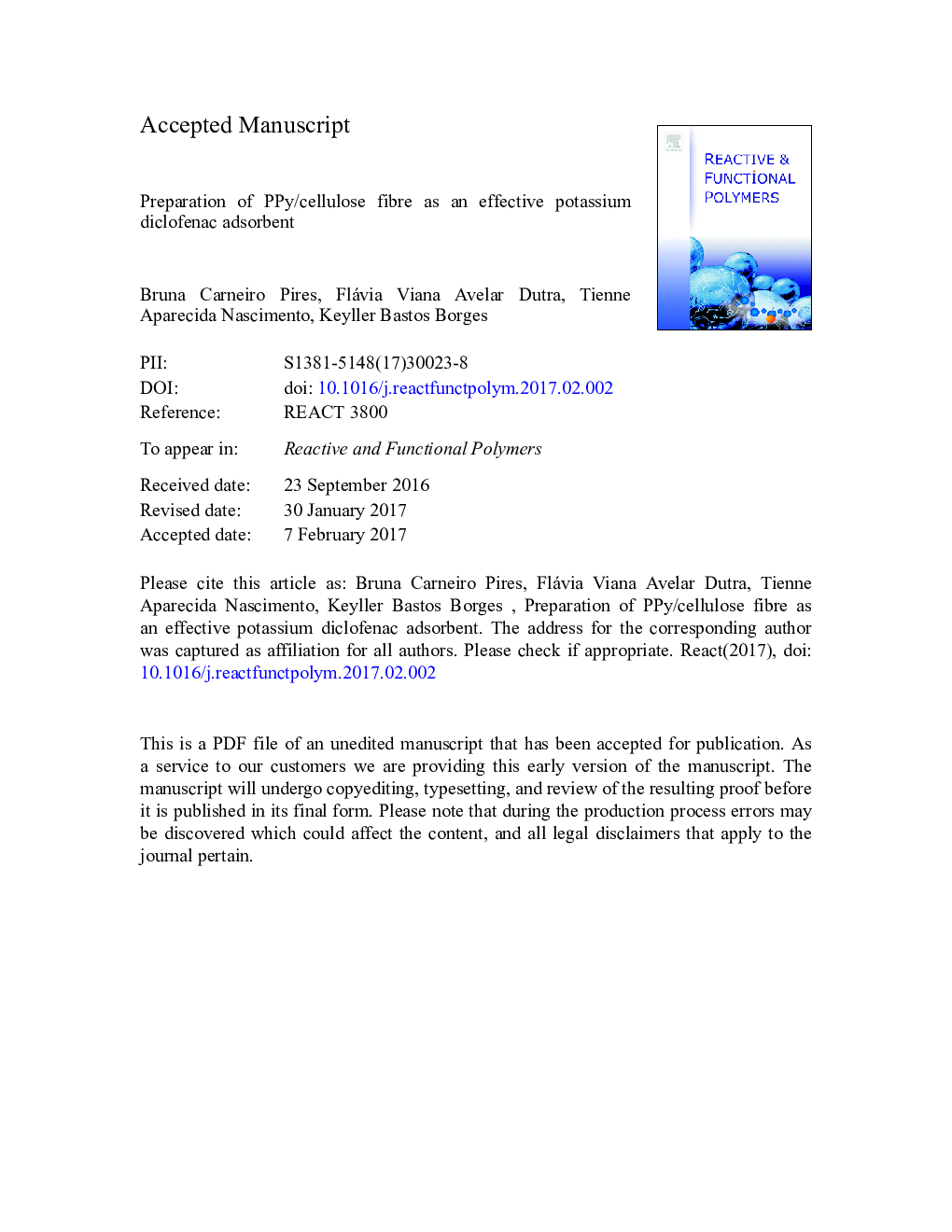 Preparation of PPy/cellulose fibre as an effective potassium diclofenac adsorbent