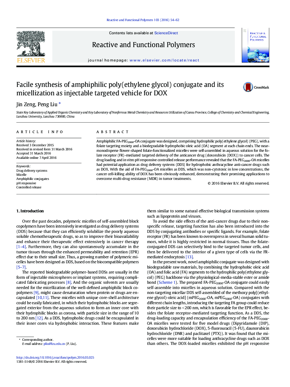 Facile synthesis of amphiphilic poly(ethylene glycol) conjugate and its micellization as injectable targeted vehicle for DOX