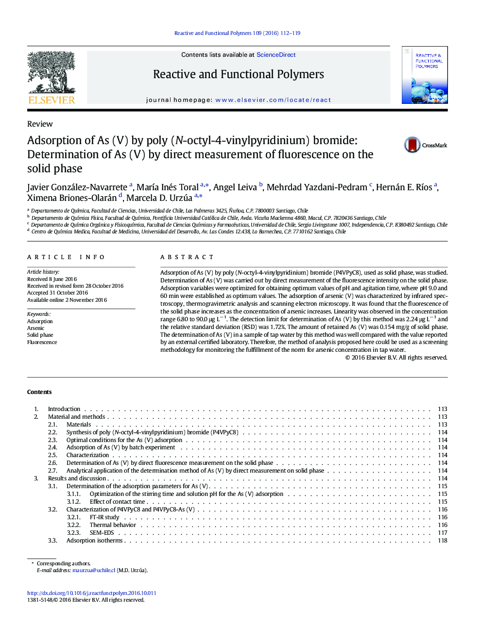 ReviewAdsorption of As (V) by poly (N-octyl-4-vinylpyridinium) bromide: Determination of As (V) by direct measurement of fluorescence on the solid phase