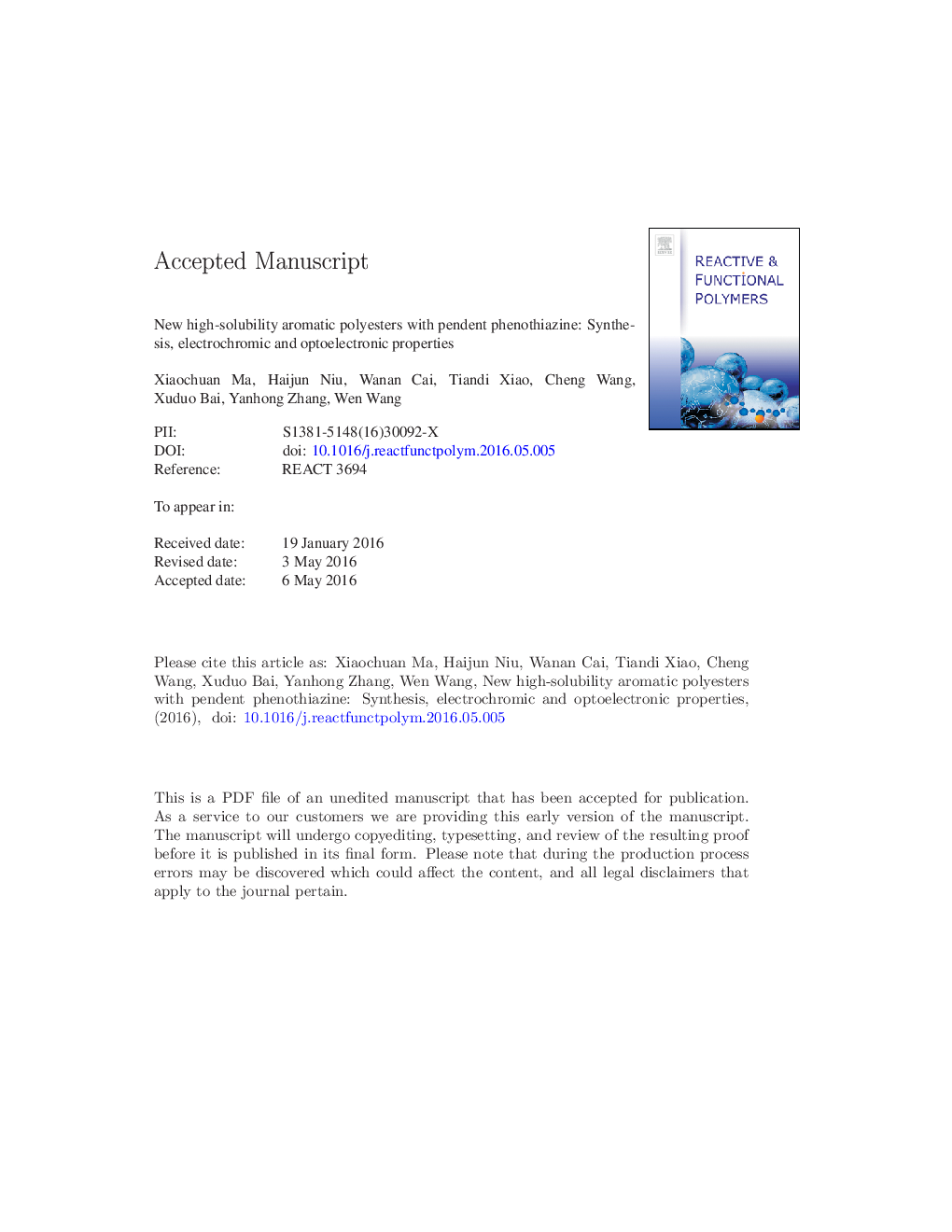 New high-solubility aromatic polyesters with pendent phenothiazine: Synthesis, electrochromic and optoelectronic properties