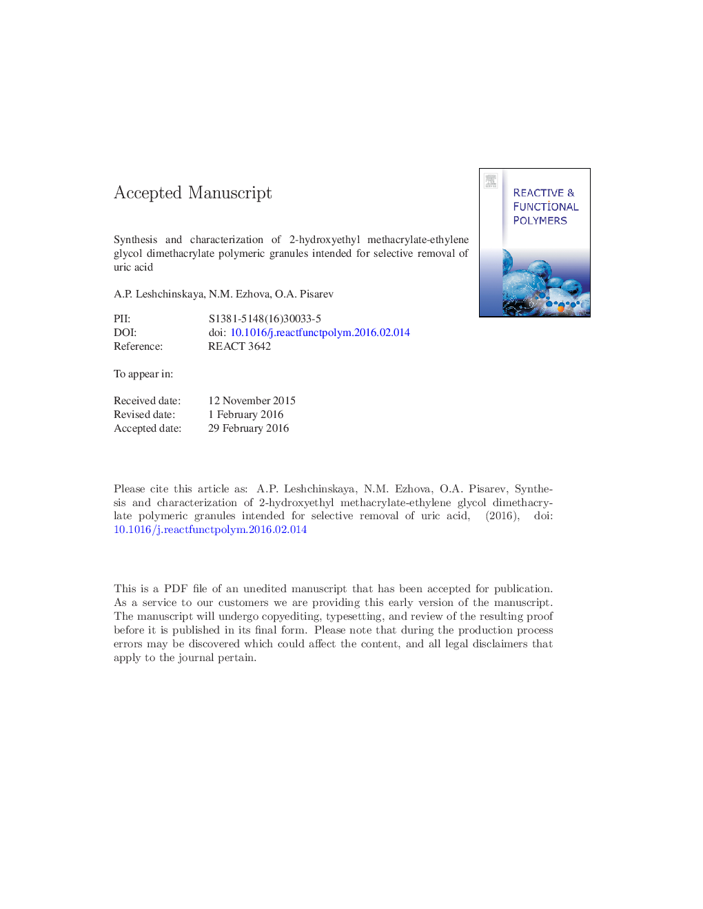 Synthesis and characterization of 2-hydroxyethyl methacrylate-ethylene glycol dimethacrylate polymeric granules intended for selective removal of uric acid