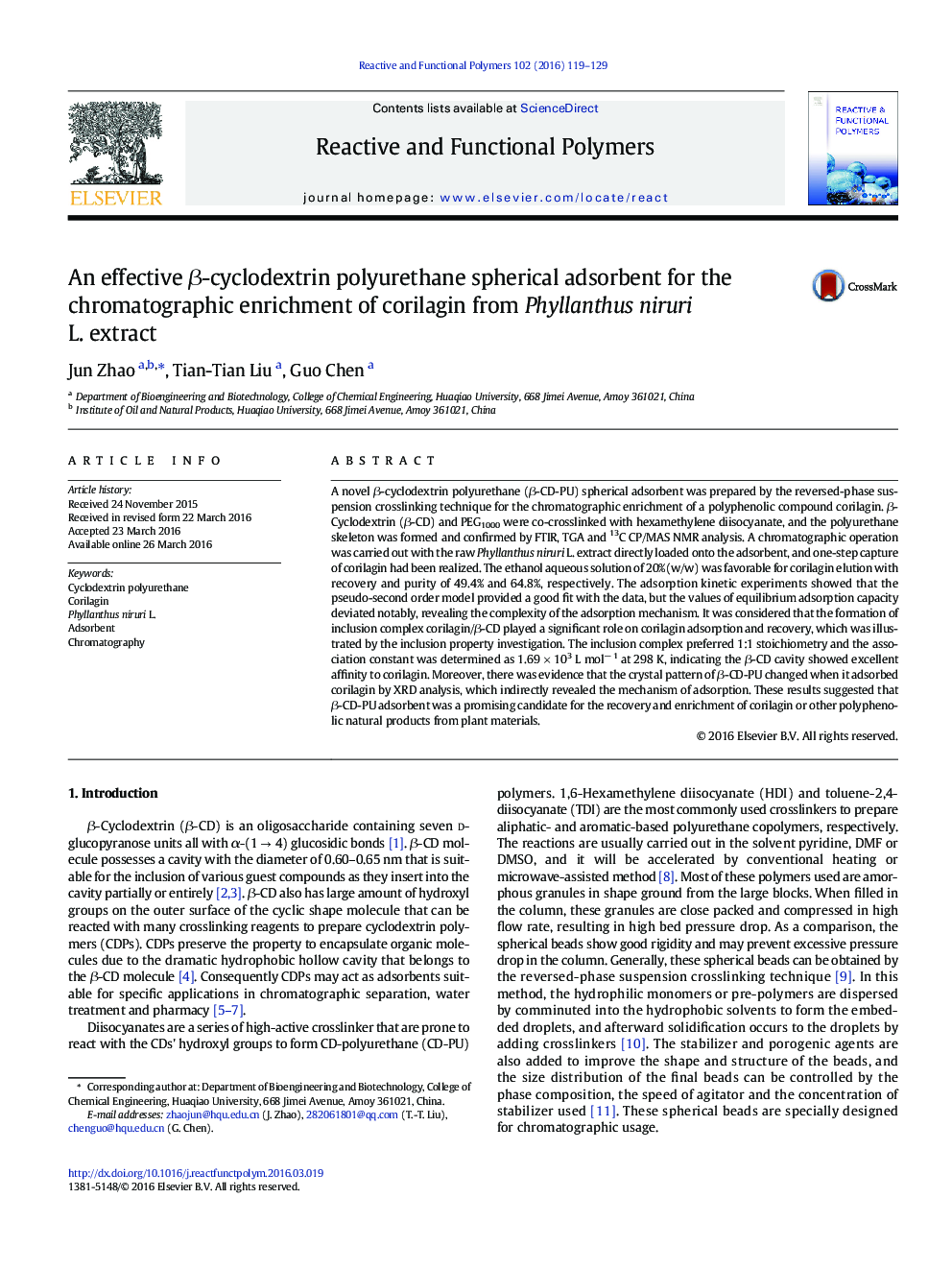 An effective Î²-cyclodextrin polyurethane spherical adsorbent for the chromatographic enrichment of corilagin from Phyllanthus niruri L. extract