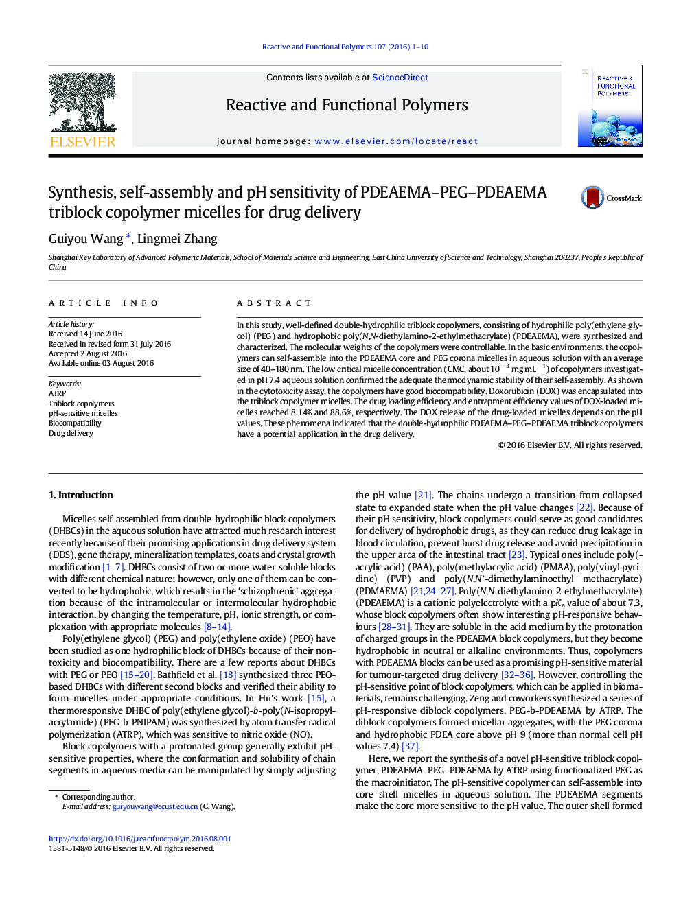 Synthesis, self-assembly and pH sensitivity of PDEAEMA-PEG-PDEAEMA triblock copolymer micelles for drug delivery