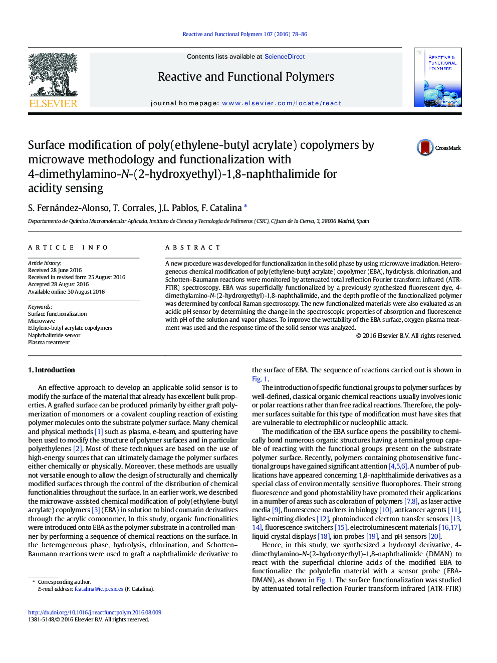 Surface modification of poly(ethylene-butyl acrylate) copolymers by microwave methodology and functionalization with 4-dimethylamino-N-(2-hydroxyethyl)-1,8-naphthalimide for acidity sensing