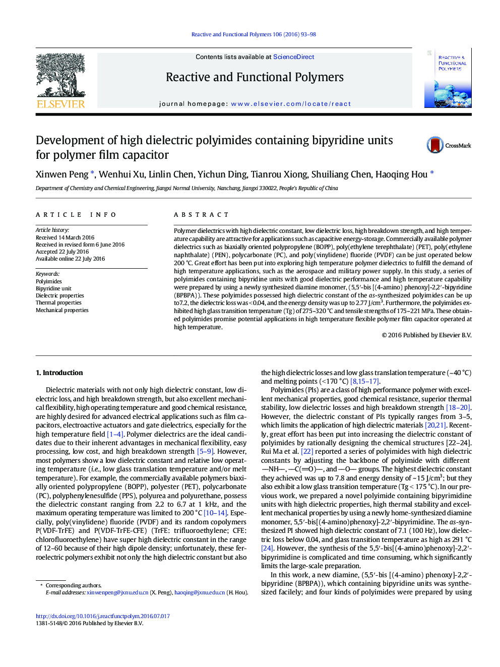 Development of high dielectric polyimides containing bipyridine units for polymer film capacitor