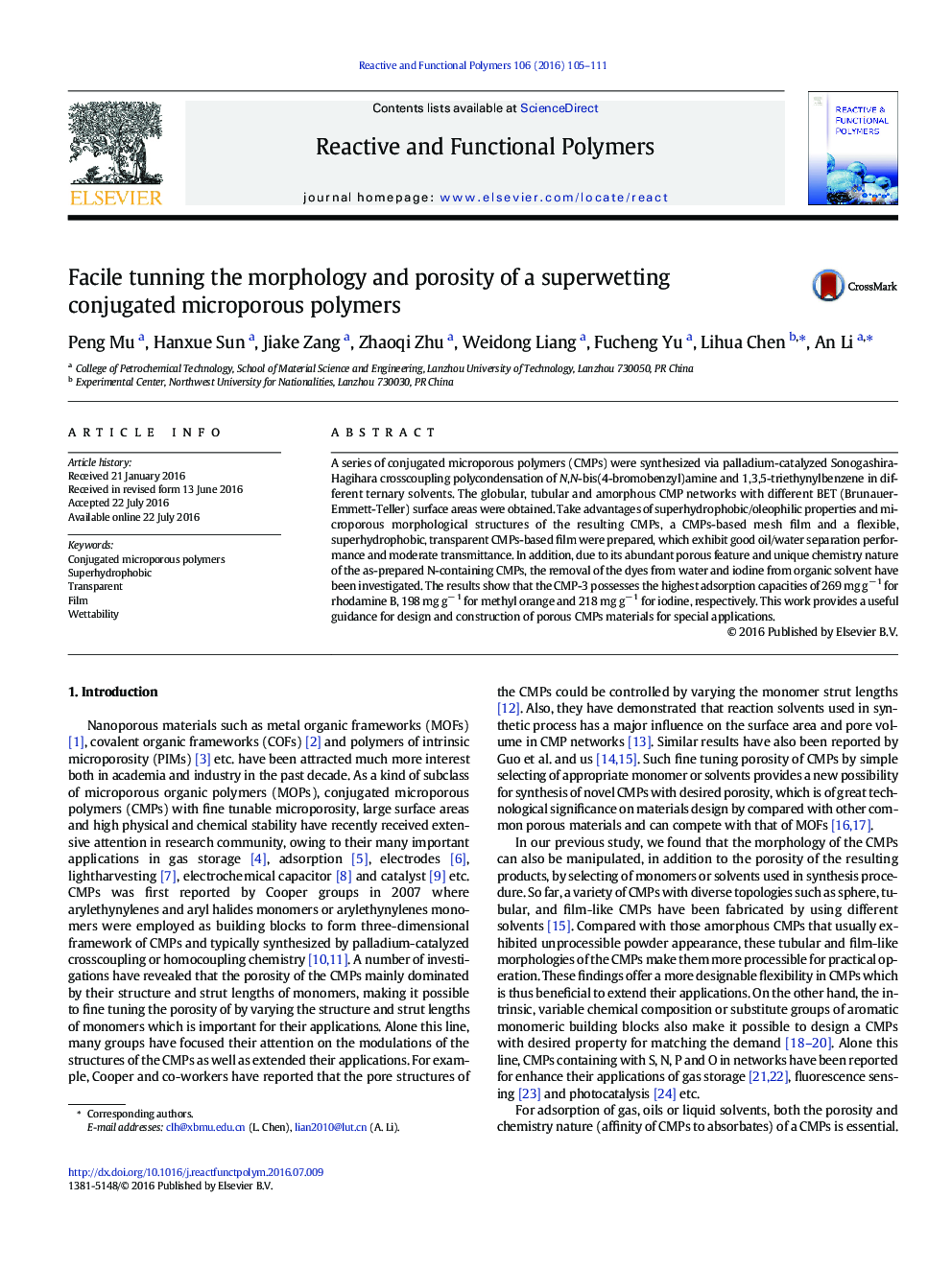 Facile tunning the morphology and porosity of a superwetting conjugated microporous polymers