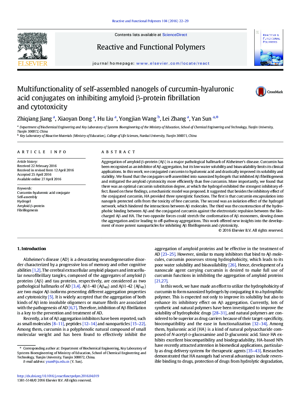 Multifunctionality of self-assembled nanogels of curcumin-hyaluronic acid conjugates on inhibiting amyloid Î²-protein fibrillation and cytotoxicity