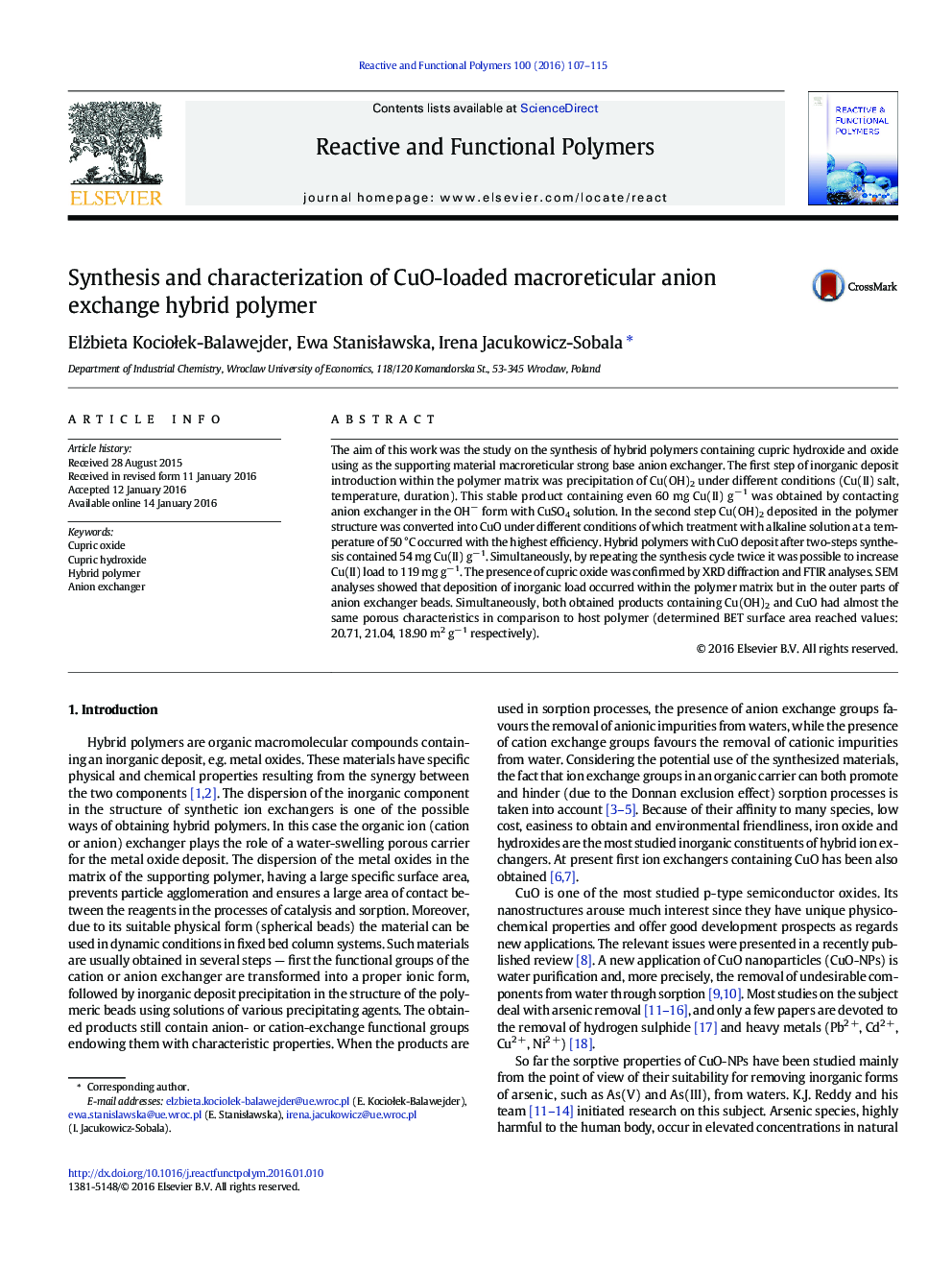 Synthesis and characterization of CuO-loaded macroreticular anion exchange hybrid polymer