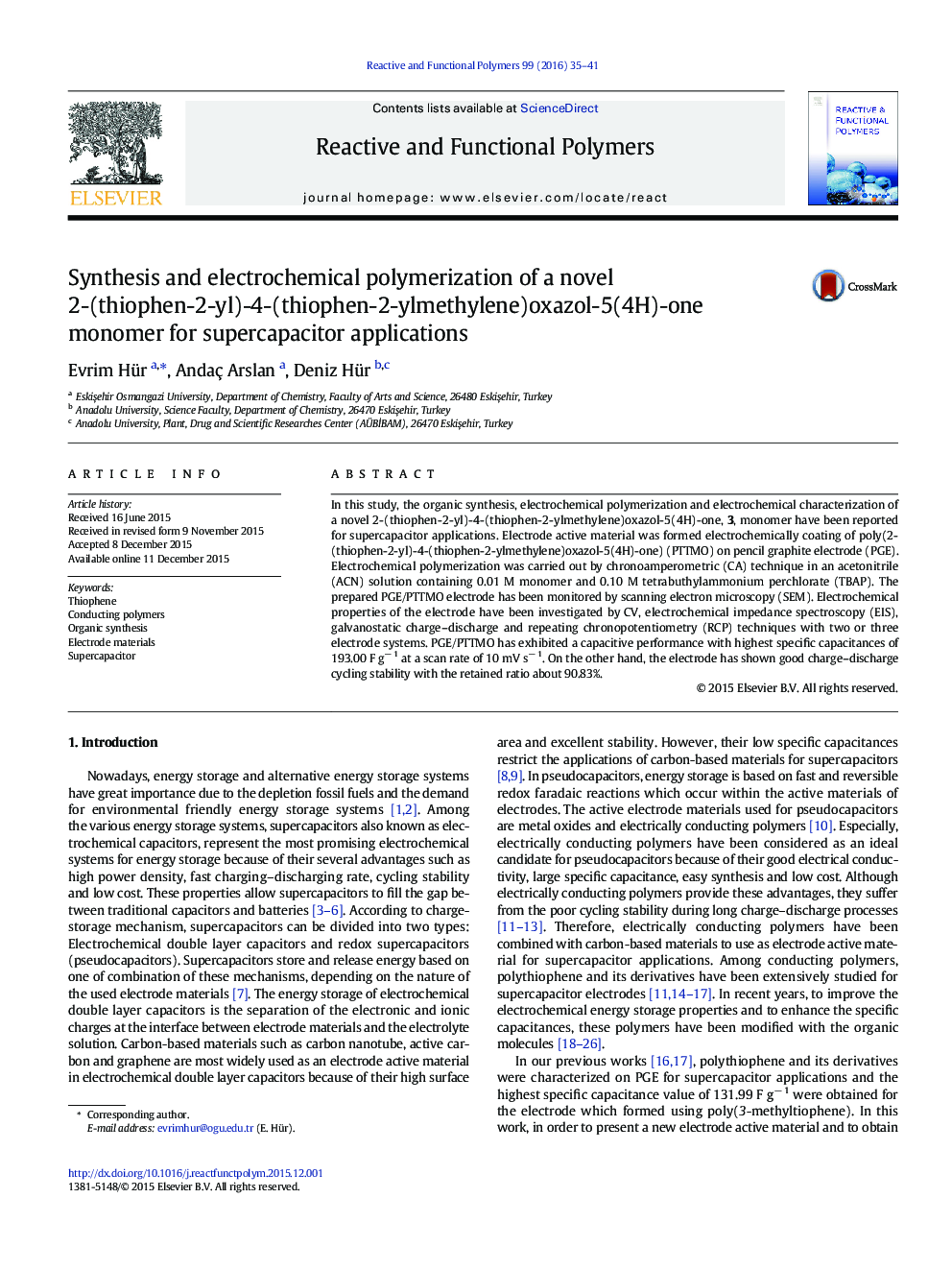 Synthesis and electrochemical polymerization of a novel 2-(thiophen-2-yl)-4-(thiophen-2-ylmethylene)oxazol-5(4H)-one monomer for supercapacitor applications