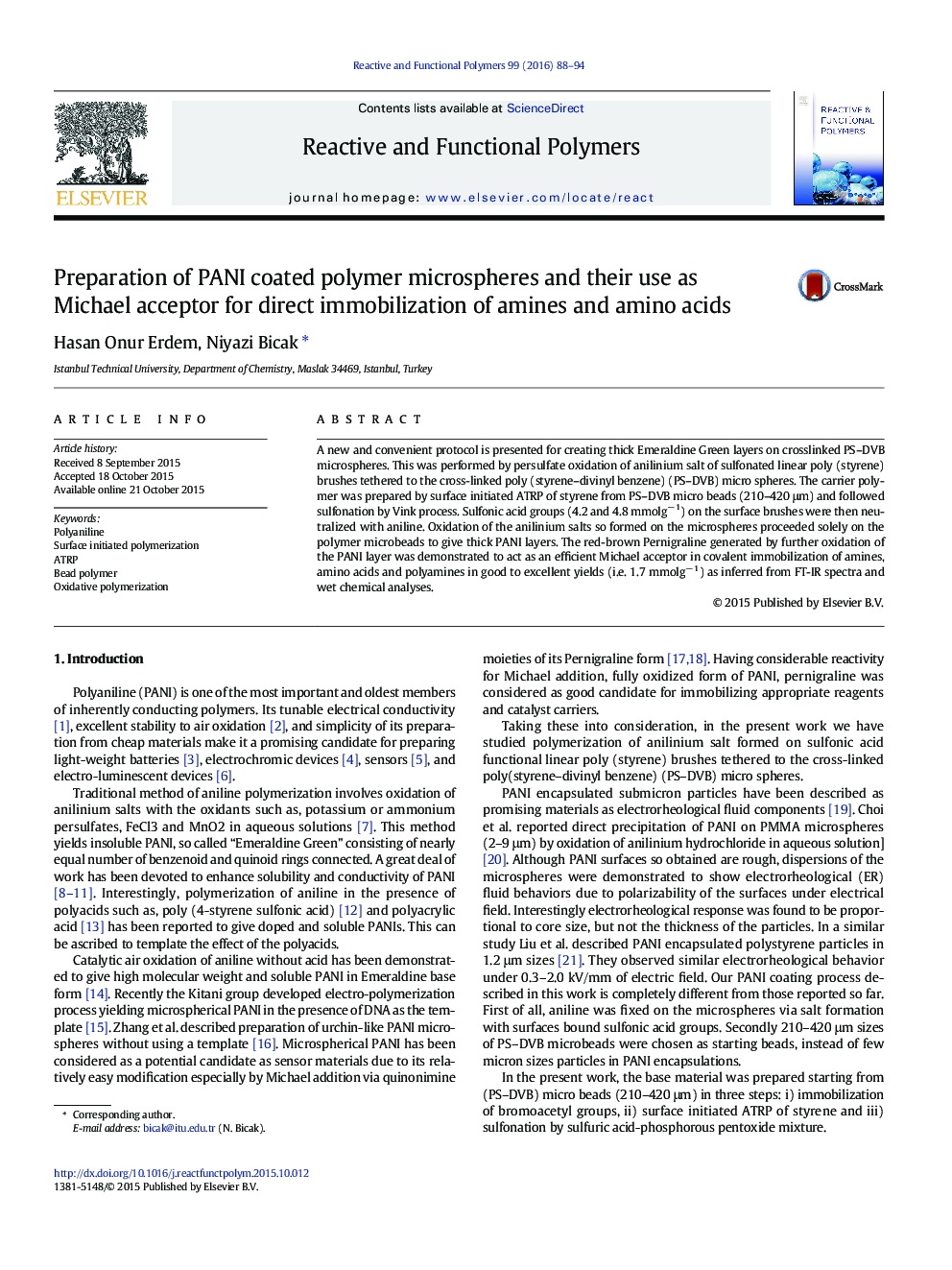 Preparation of PANI coated polymer microspheres and their use as Michael acceptor for direct immobilization of amines and amino acids