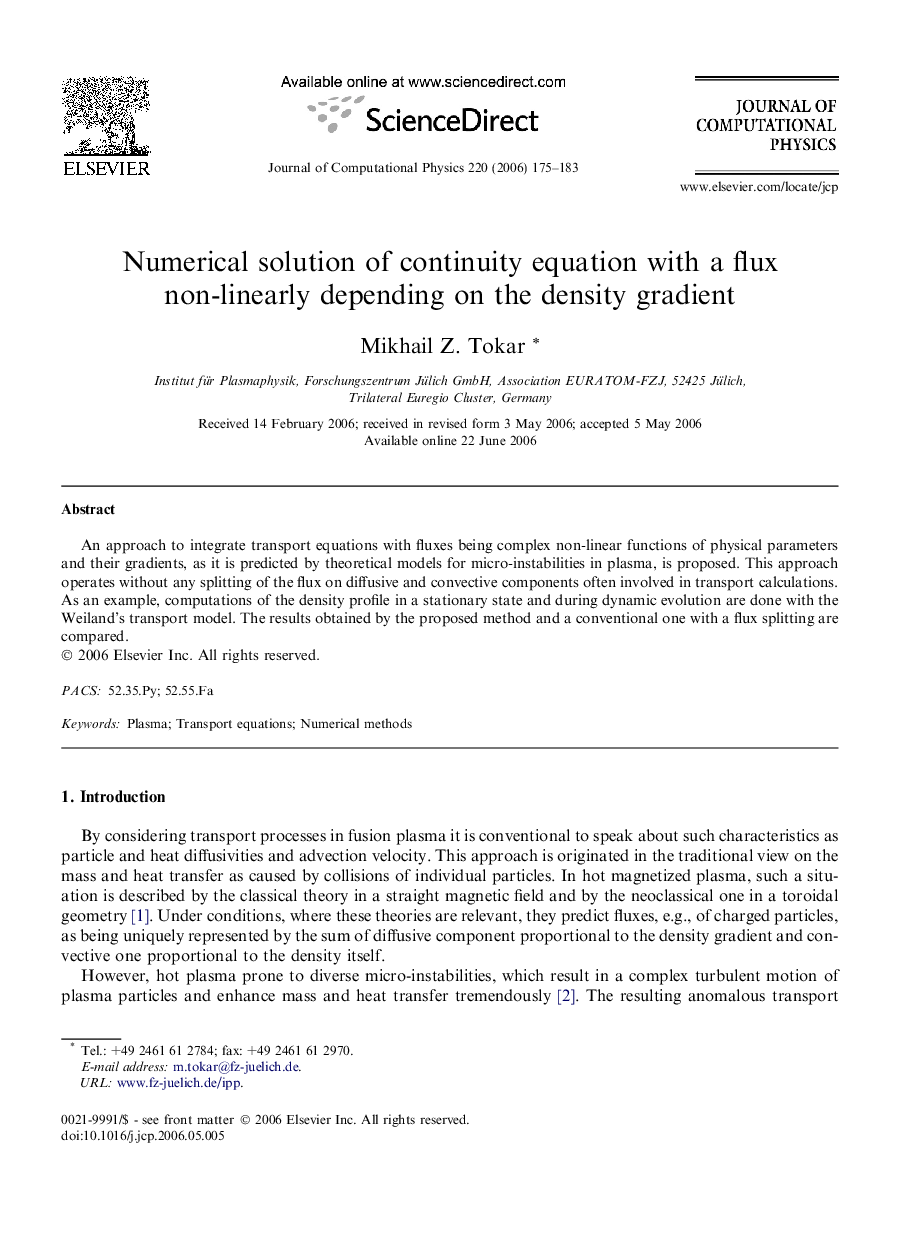 Numerical solution of continuity equation with a flux non-linearly depending on the density gradient