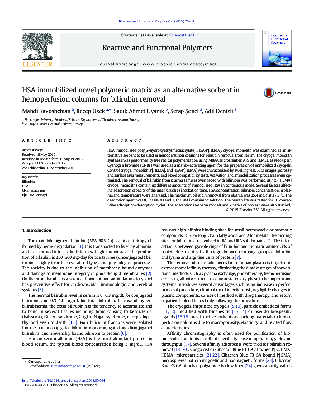 HSA immobilized novel polymeric matrix as an alternative sorbent in hemoperfusion columns for bilirubin removal