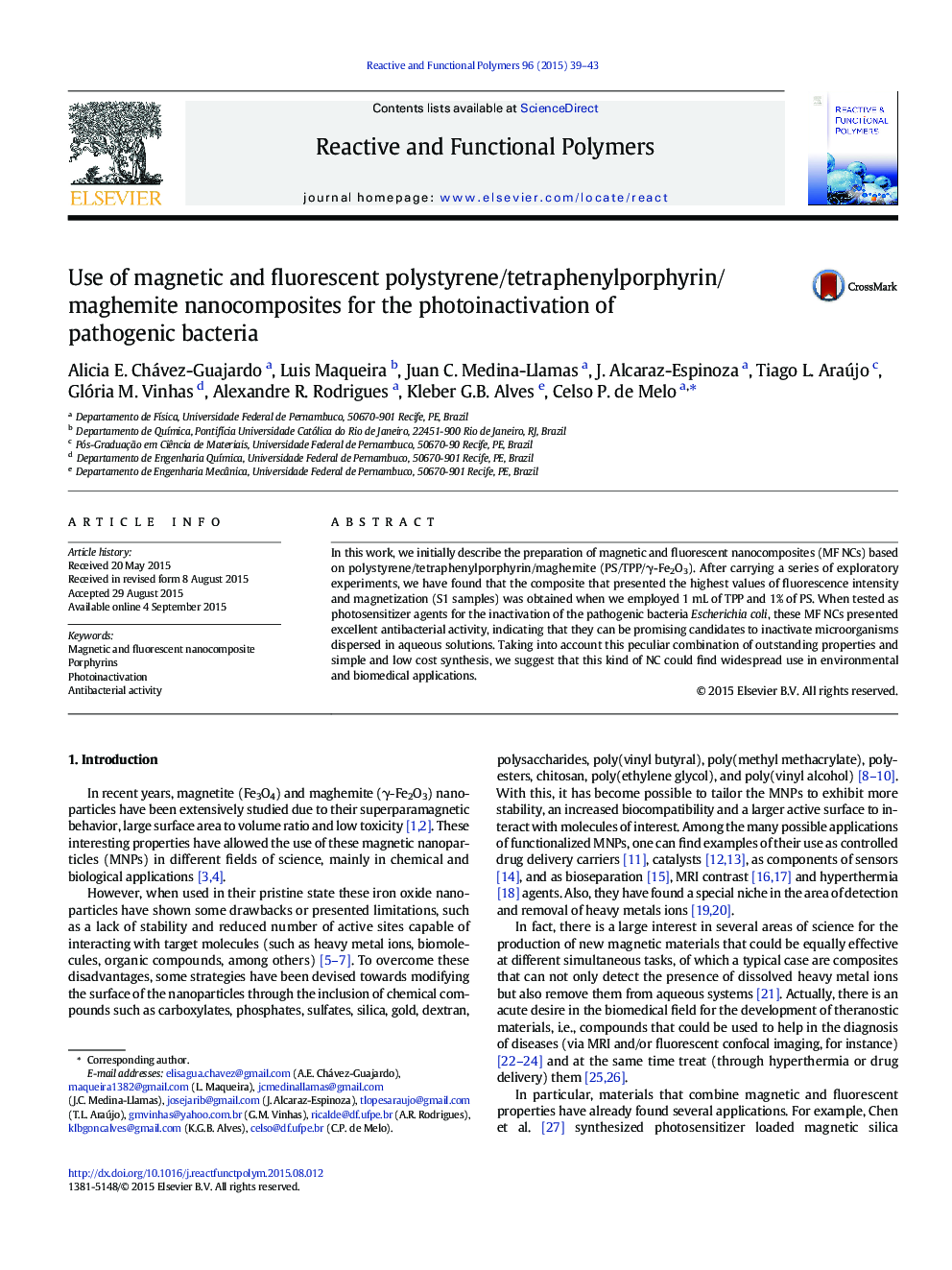 Use of magnetic and fluorescent polystyrene/tetraphenylporphyrin/maghemite nanocomposites for the photoinactivation of pathogenic bacteria