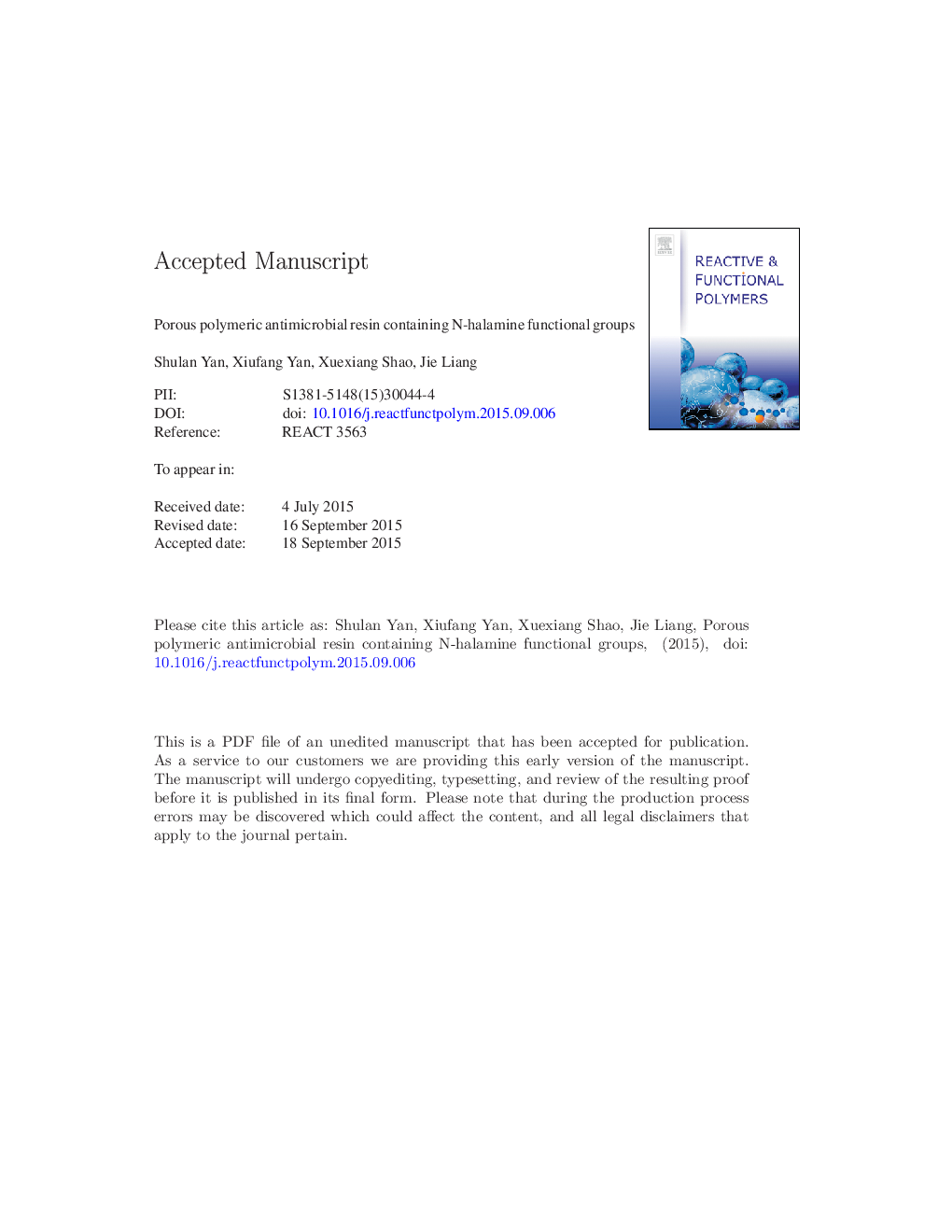 Porous polymeric antimicrobial resin containing N-halamine functional groups