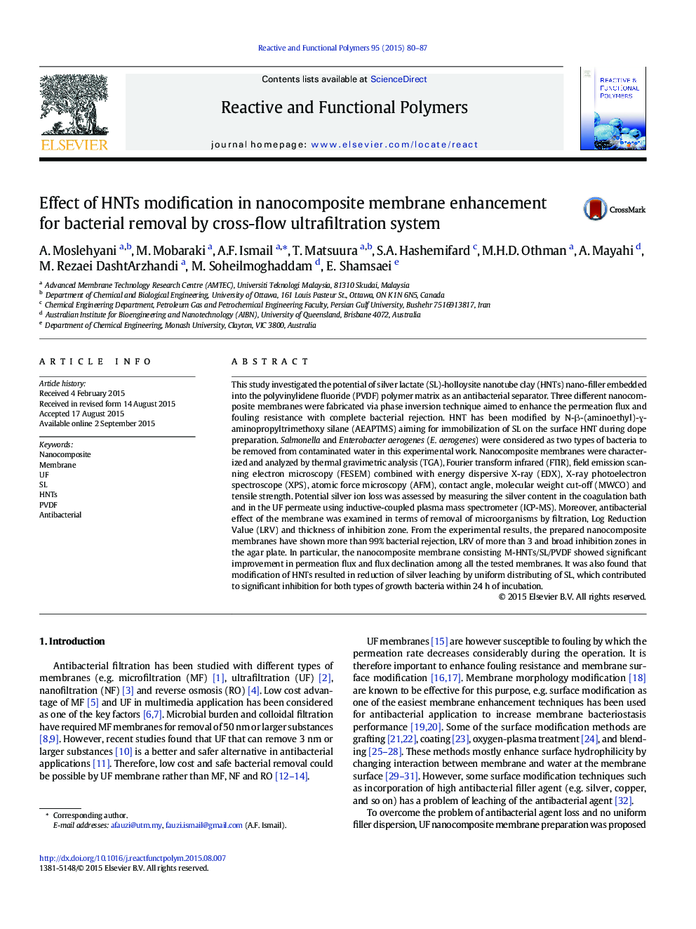 Effect of HNTs modification in nanocomposite membrane enhancement for bacterial removal by cross-flow ultrafiltration system