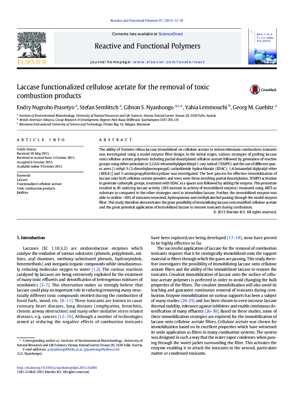 Laccase functionalized cellulose acetate for the removal of toxic combustion products