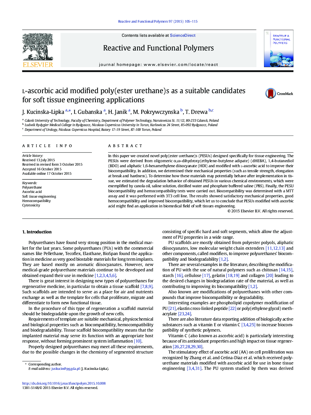 l-ascorbic acid modified poly(ester urethane)s as a suitable candidates for soft tissue engineering applications