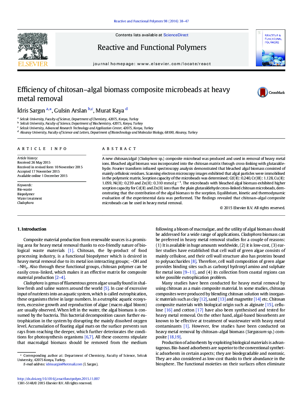 Efficiency of chitosan-algal biomass composite microbeads at heavy metal removal