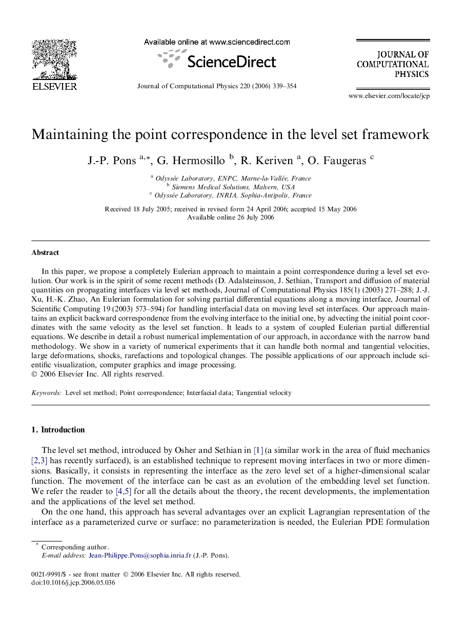 Maintaining the point correspondence in the level set framework