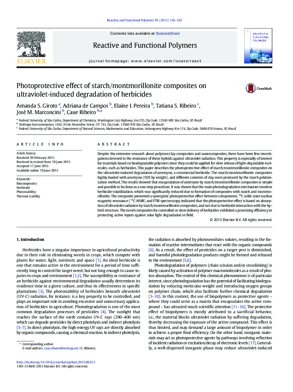 Photoprotective effect of starch/montmorillonite composites on ultraviolet-induced degradation of herbicides