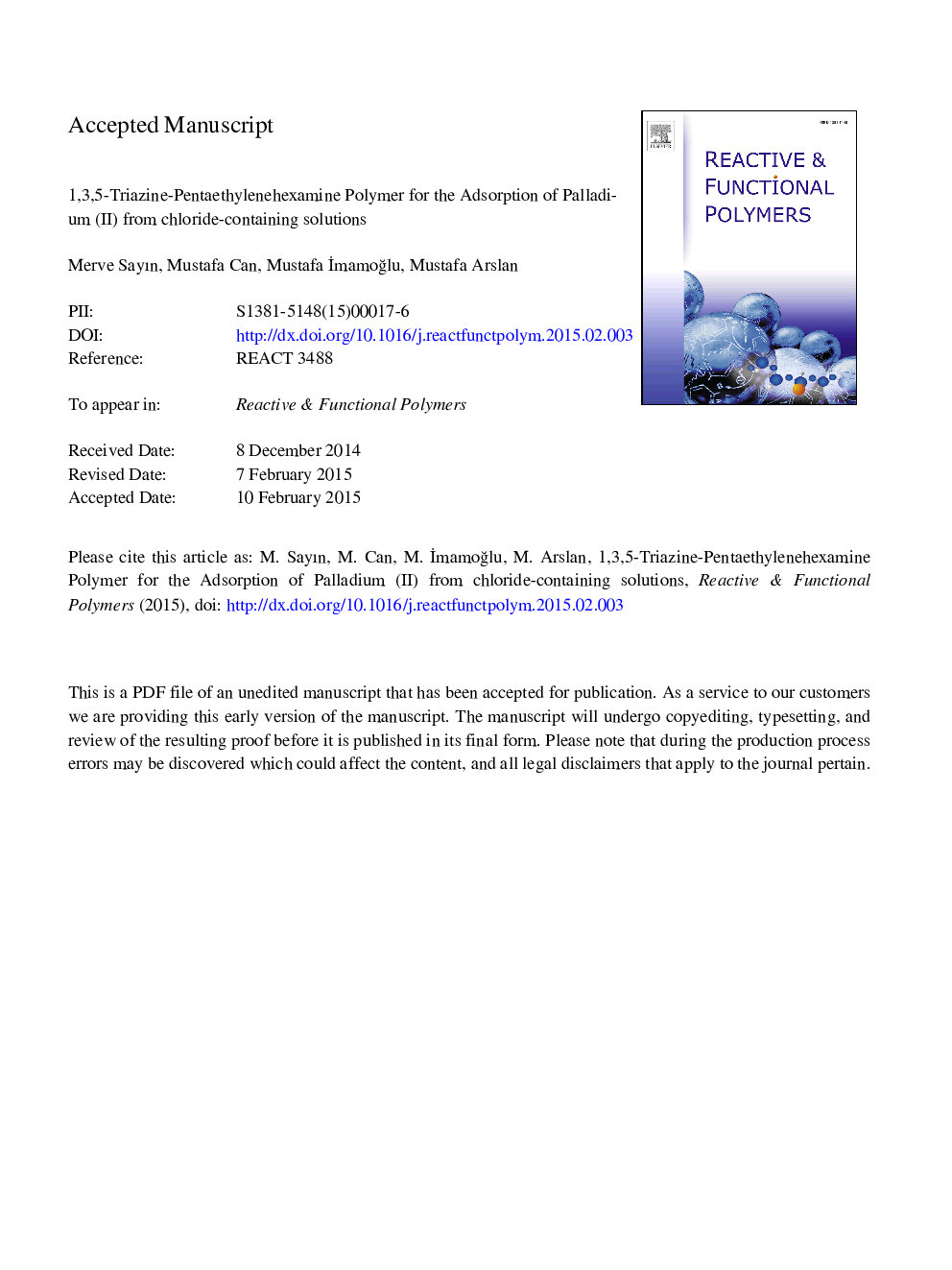 1,3,5-Triazine-pentaethylenehexamine polymer for the adsorption of palladium (II) from chloride-containing solutions