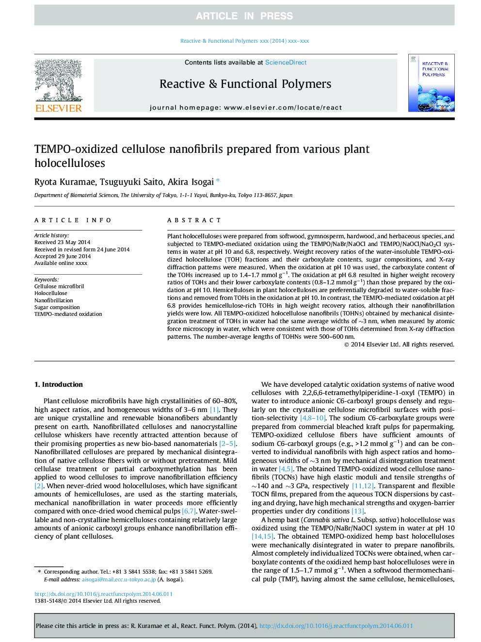 TEMPO-oxidized cellulose nanofibrils prepared from various plant holocelluloses