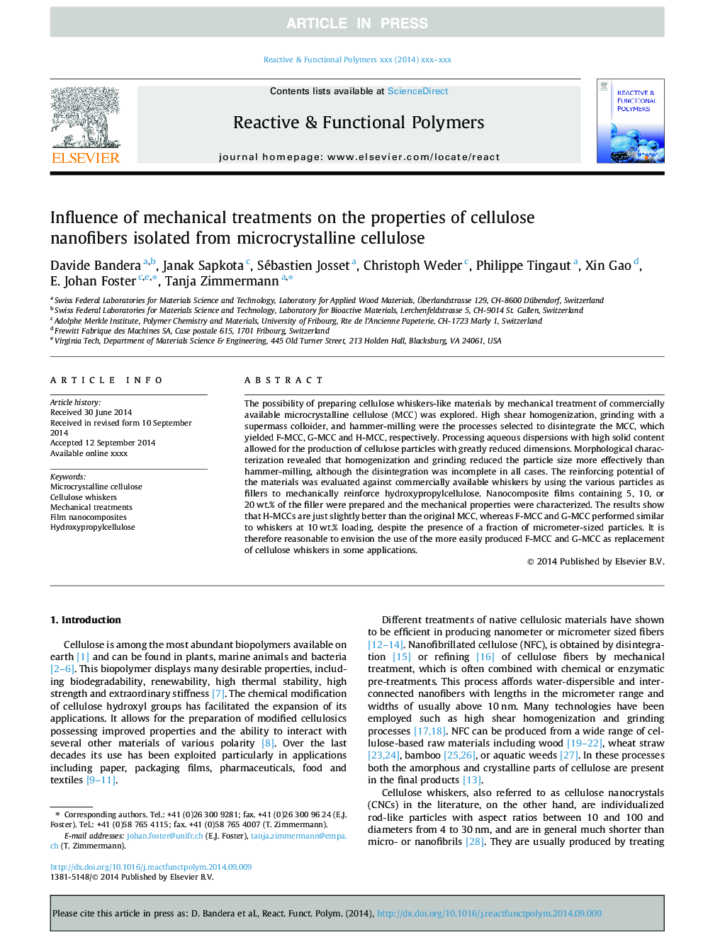 Influence of mechanical treatments on the properties of cellulose nanofibers isolated from microcrystalline cellulose