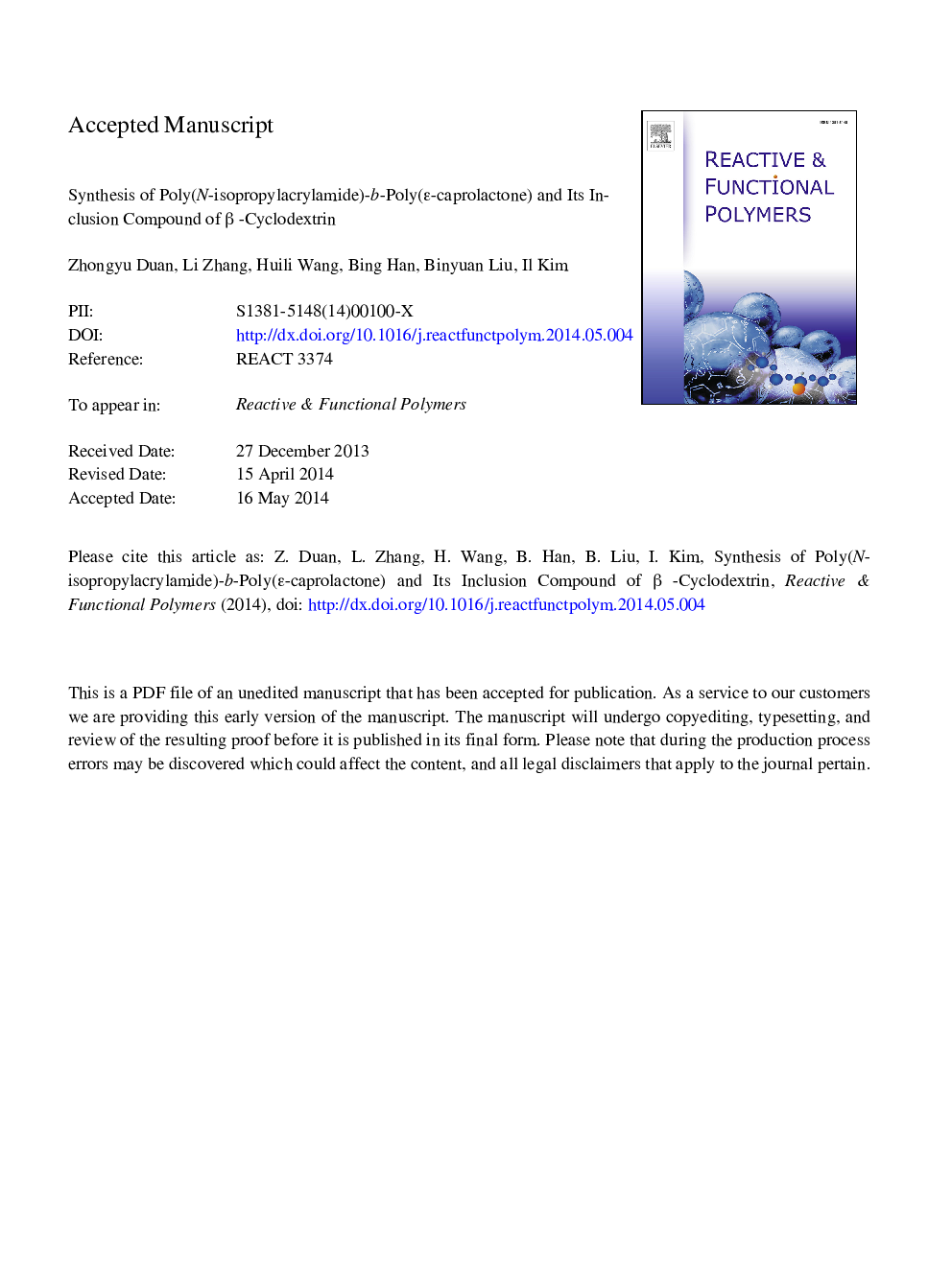 Synthesis of poly(N-isopropylacrylamide)-b-poly(É-caprolactone) and its inclusion compound of Î²-cyclodextrin