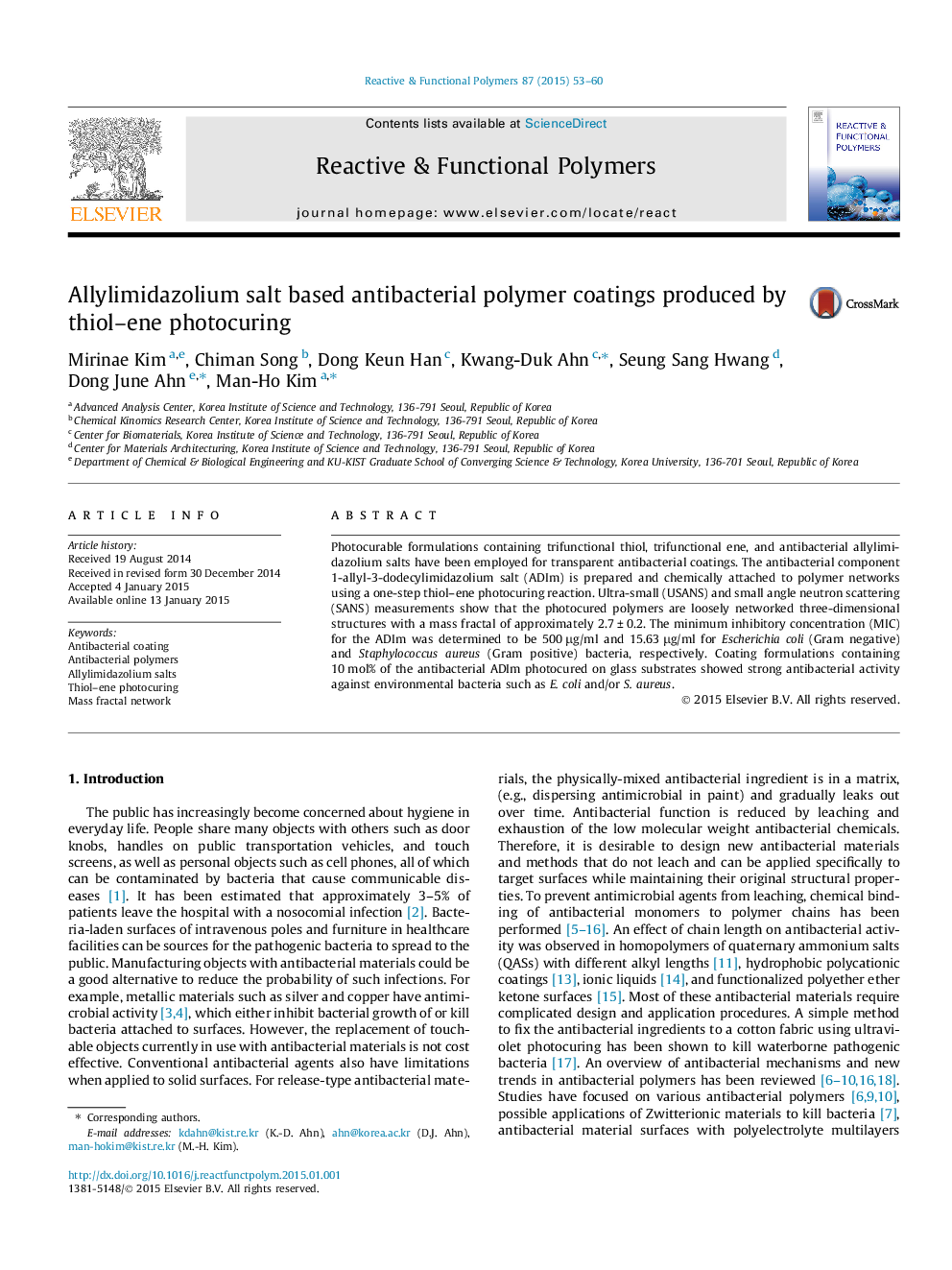 Allylimidazolium salt based antibacterial polymer coatings produced by thiol-ene photocuring