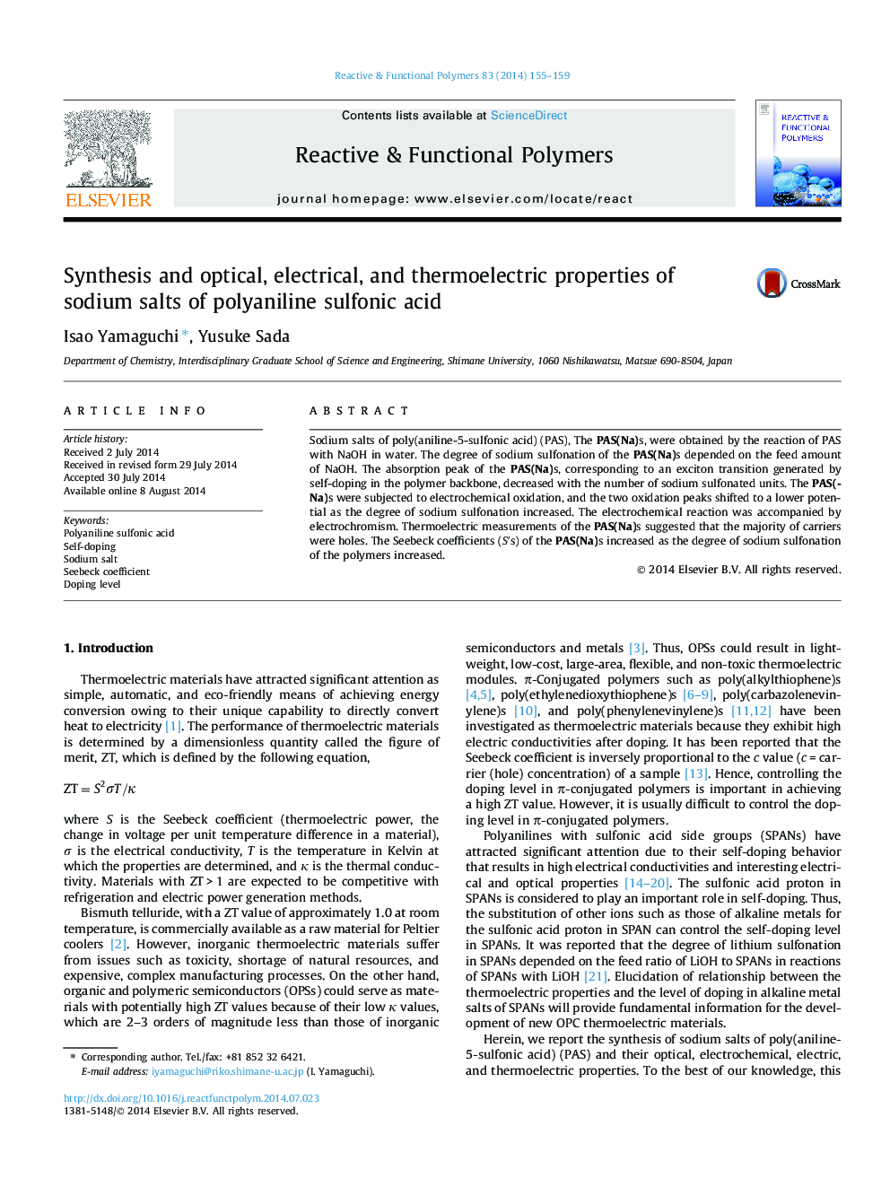 Synthesis and optical, electrical, and thermoelectric properties of sodium salts of polyaniline sulfonic acid