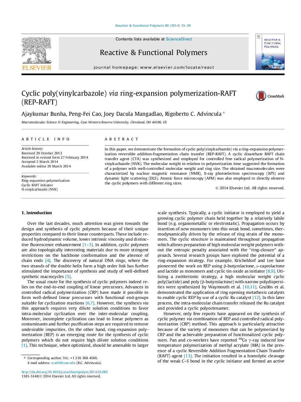 Cyclic poly(vinylcarbazole) via ring-expansion polymerization-RAFT (REP-RAFT)