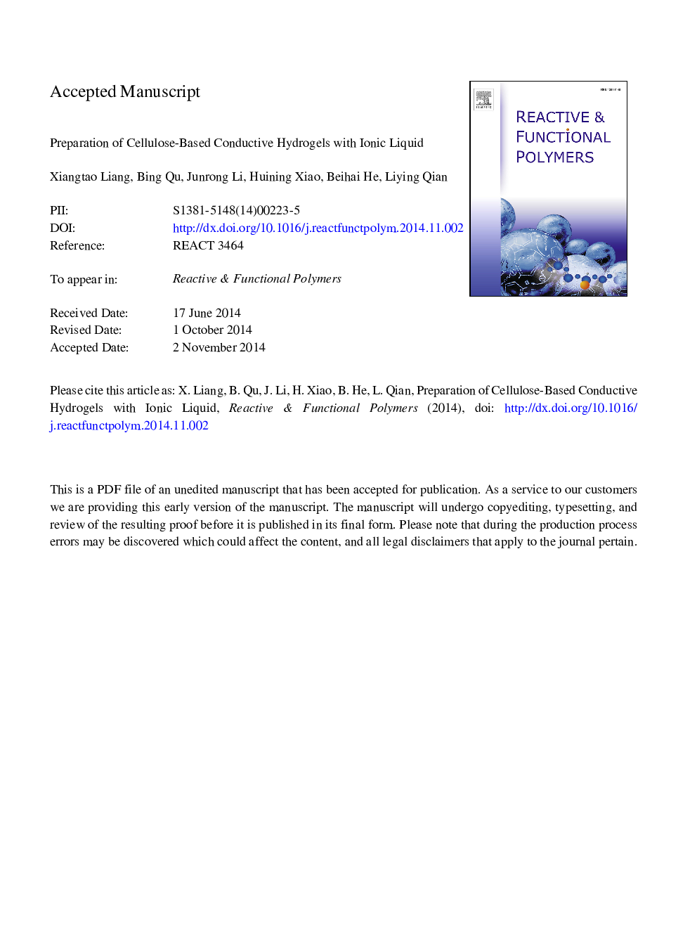 Preparation of cellulose-based conductive hydrogels with ionic liquid