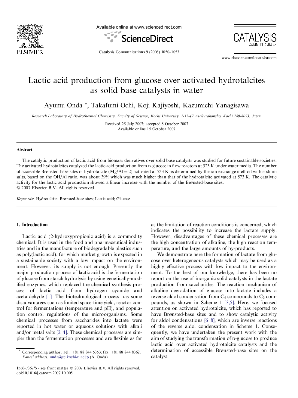 Lactic acid production from glucose over activated hydrotalcites as solid base catalysts in water