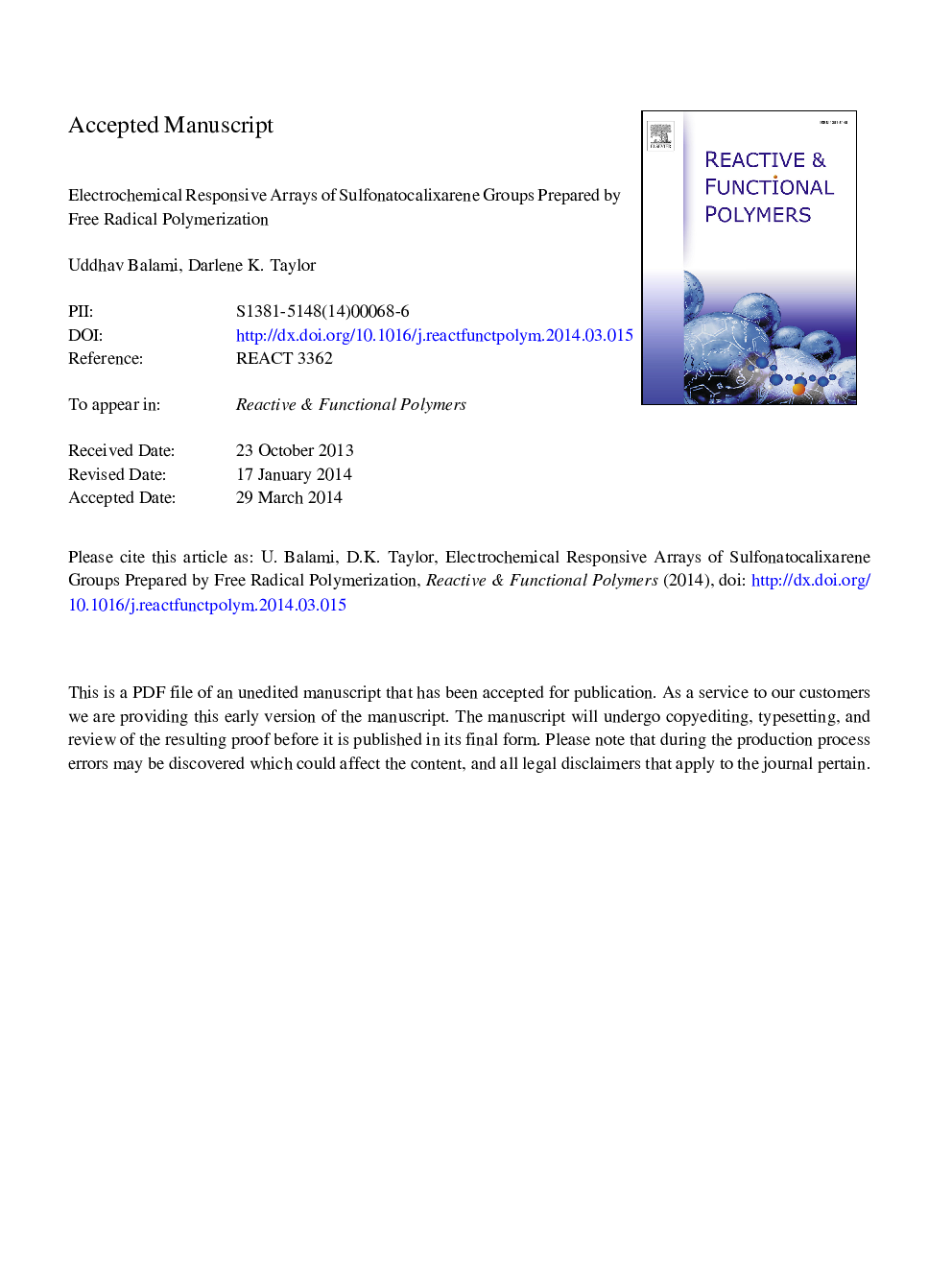 Electrochemical responsive arrays of sulfonatocalixarene groups prepared by free radical polymerization