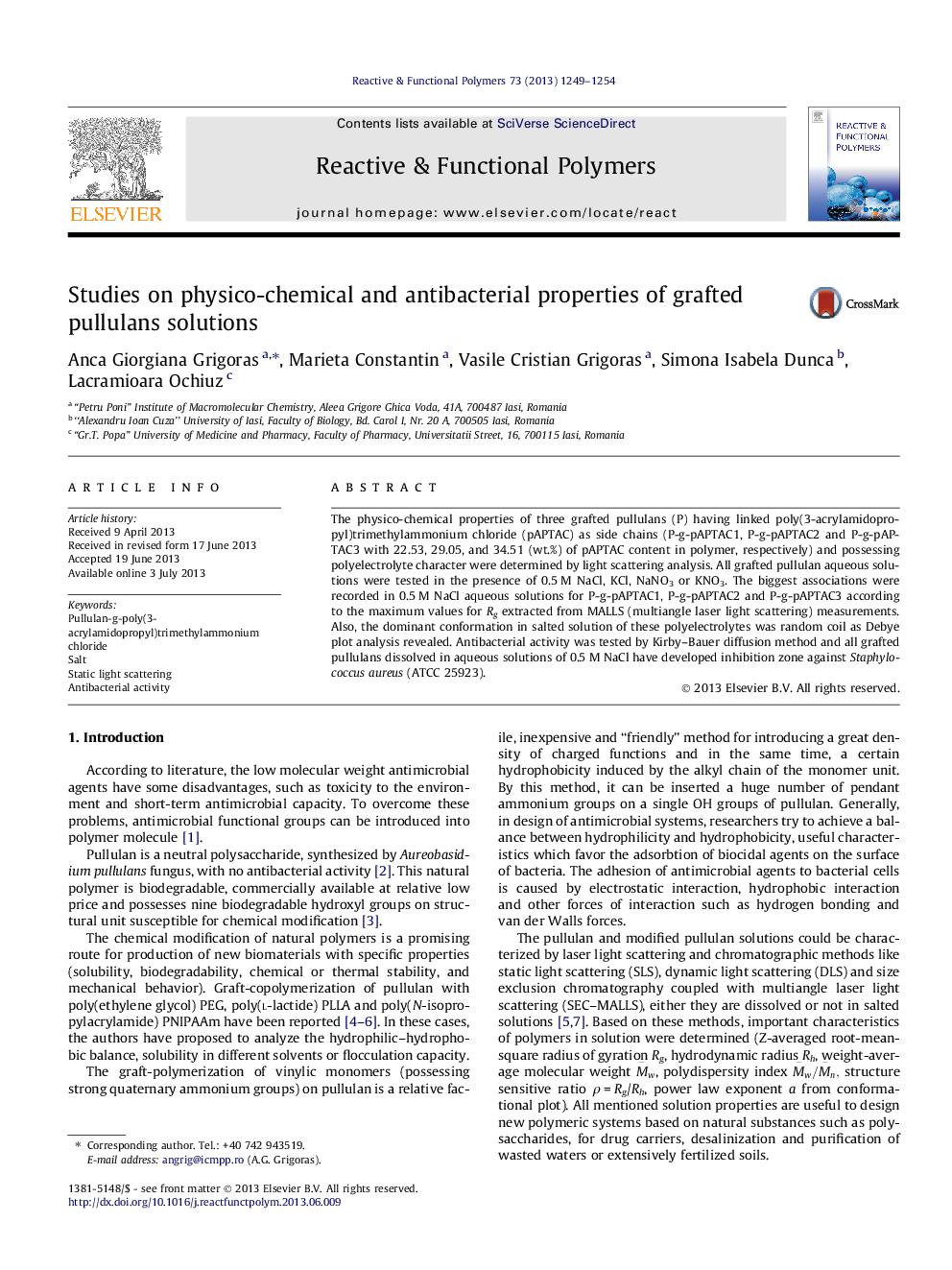 Studies on physico-chemical and antibacterial properties of grafted pullulans solutions