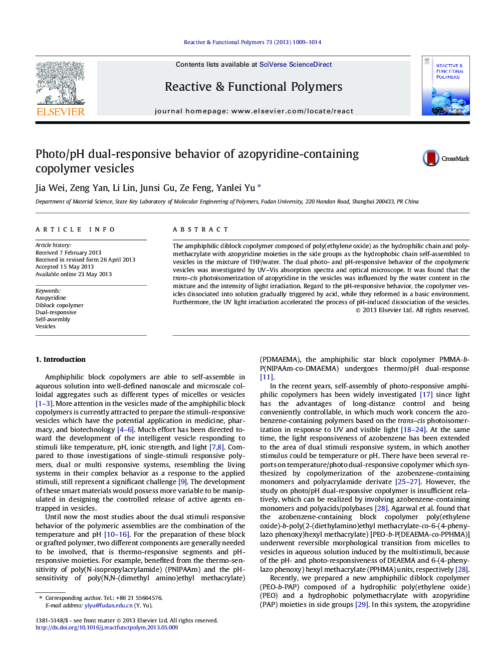 عکس صفحه اول مقاله: Photo/pH dual-responsive behavior of azopyridine-containing copolymer vesicles Photo/pH dual-responsive behavior of azopyridine-containing copolymer vesicles