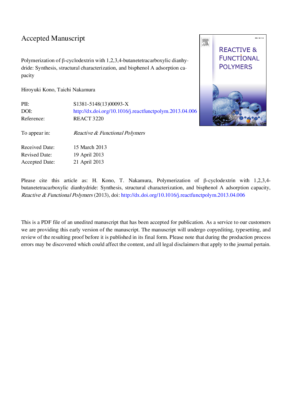 Polymerization of Î²-cyclodextrin with 1,2,3,4-butanetetracarboxylic dianhydride: Synthesis, structural characterization, and bisphenol A adsorption capacity