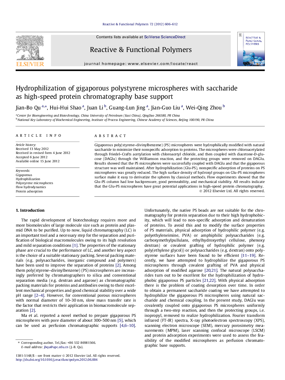 Hydrophilization of gigaporous polystyrene microspheres with saccharide as high-speed protein chromatography base support