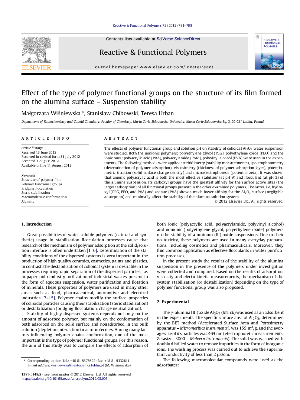 Effect of the type of polymer functional groups on the structure of its film formed on the alumina surface - Suspension stability