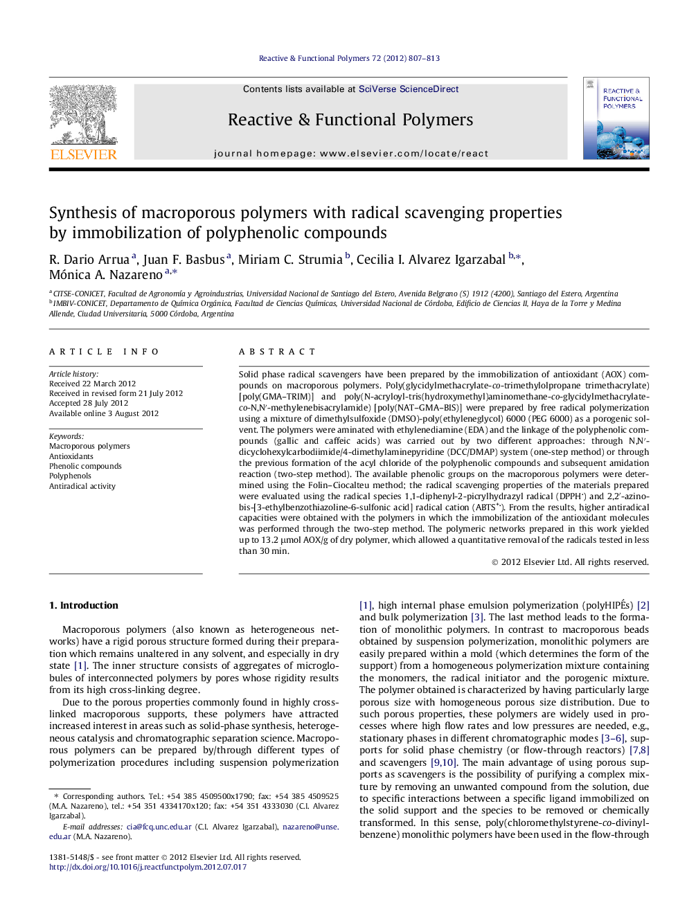 Synthesis of macroporous polymers with radical scavenging properties by immobilization of polyphenolic compounds