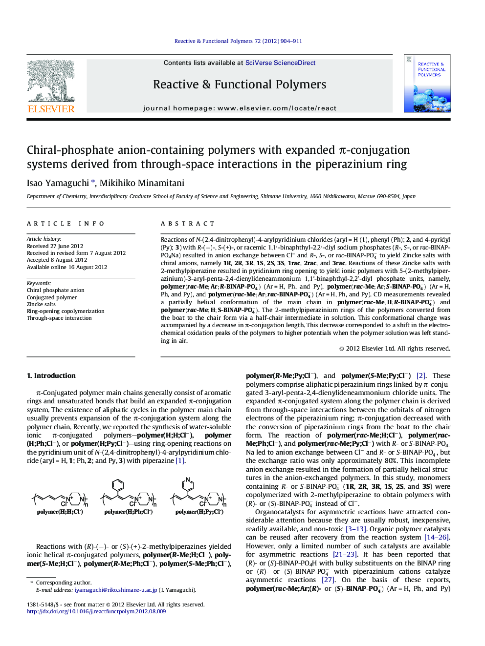 Chiral-phosphate anion-containing polymers with expanded Ï-conjugation systems derived from through-space interactions in the piperazinium ring