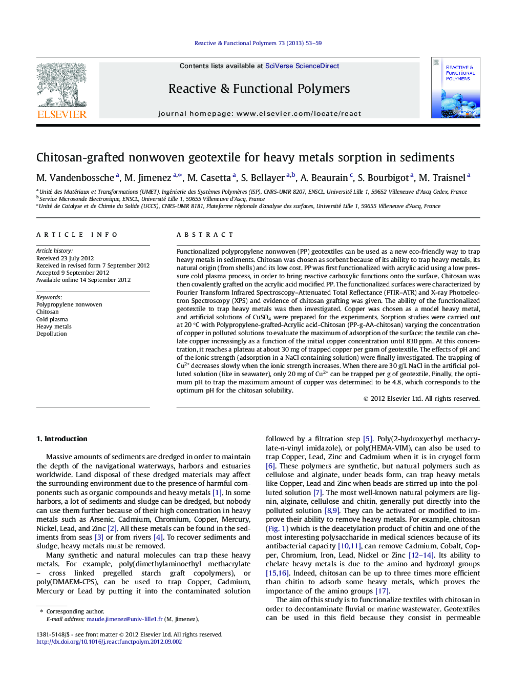 Chitosan-grafted nonwoven geotextile for heavy metals sorption in sediments