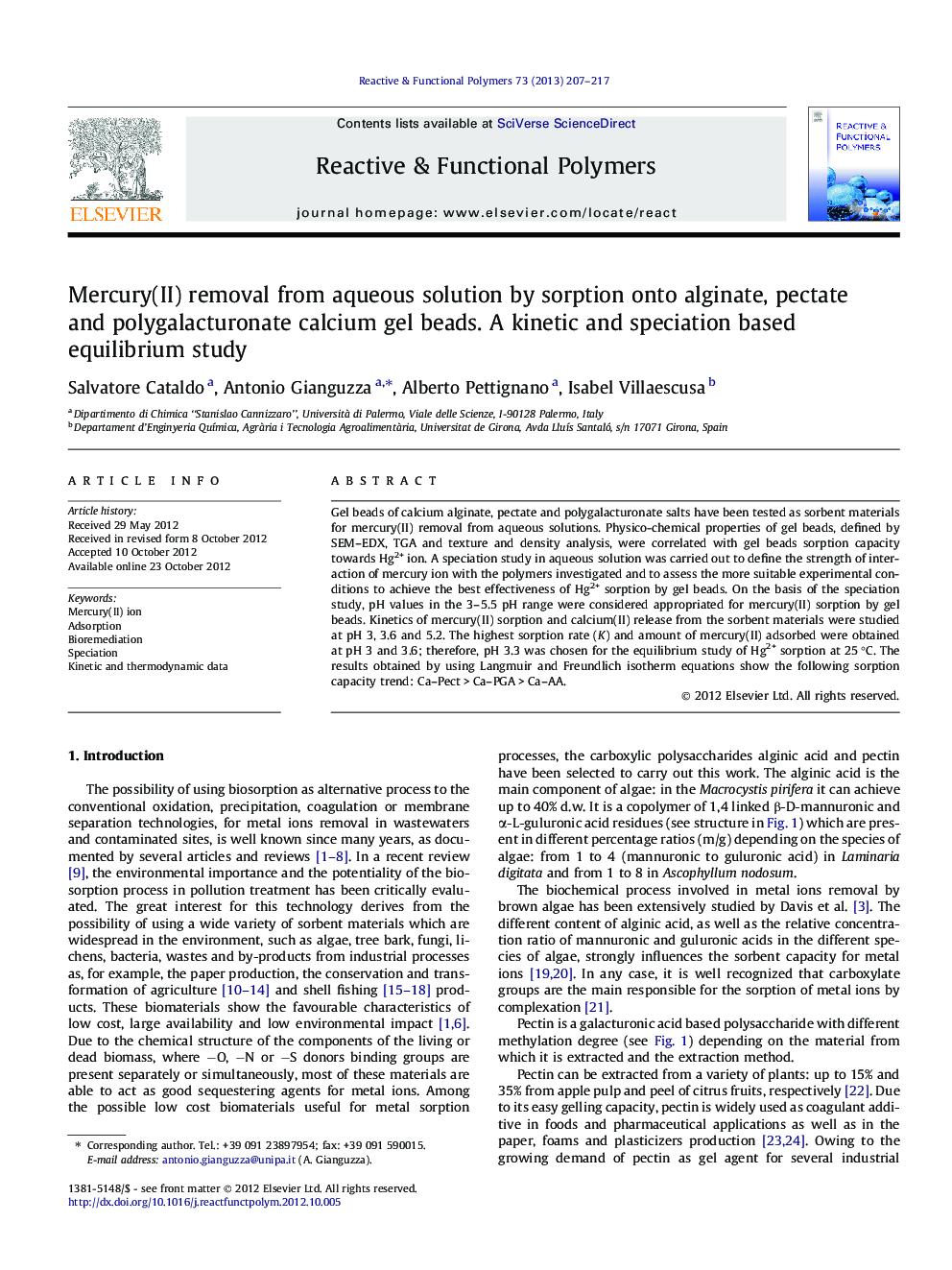 Mercury(II) removal from aqueous solution by sorption onto alginate, pectate and polygalacturonate calcium gel beads. A kinetic and speciation based equilibrium study